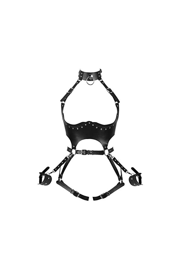 Noir Plein corps harnais en cuir femmes taille jarretière menottes Punk goth rave Dance Rock Halloween poitrine sangle Corset