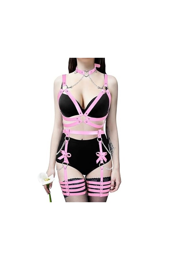 Harnais de corps en cuir - Collier de jambe avec nœud - Chaîne - Corset punk - Bijoux de taille - Danse - Club - Halloween Fe