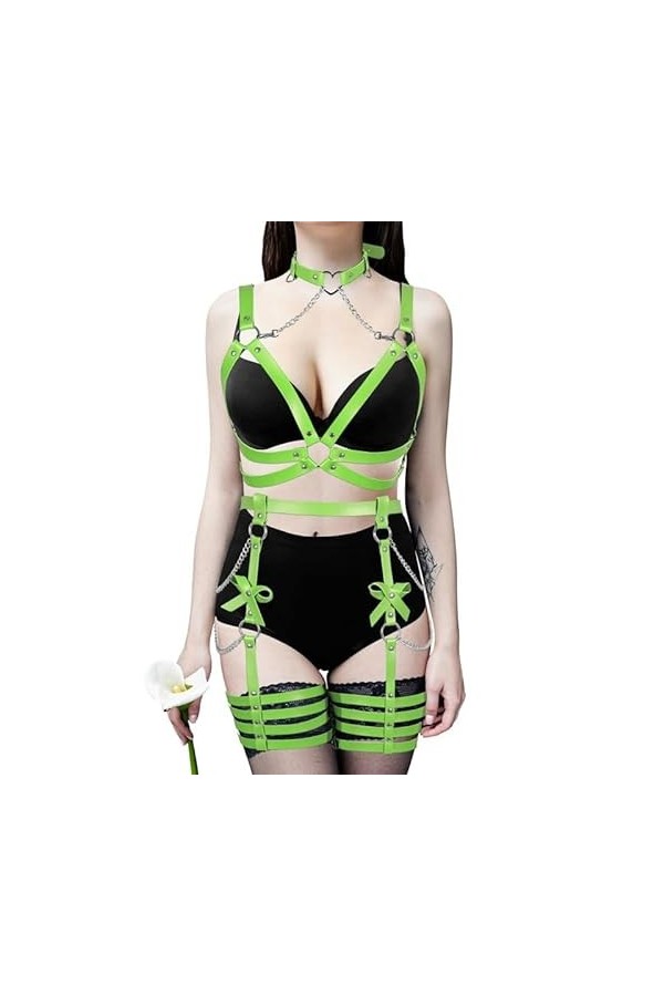 Harnais de corps en cuir - Collier de jambe avec nœud - Chaîne - Corset punk - Bijoux de taille - Danse - Club - Halloween Fe