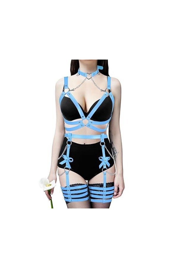 Harnais de corps en cuir - Collier de jambe avec nœud - Chaîne - Corset punk - Bijoux de taille - Danse - Club - Halloween Fe
