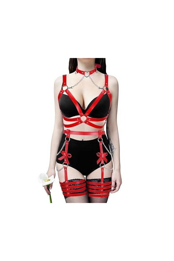 Harnais de corps en cuir - Collier de jambe avec nœud - Chaîne - Corset punk - Bijoux de taille - Danse - Club - Halloween Fe
