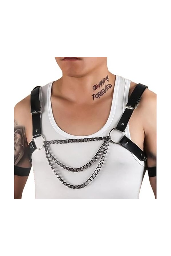 Chaîne en cuir pour homme - Sangle de poitrine - Harnais de corps - Gothique - Punk - Bijoux fantaisie pour fête, club, cospl