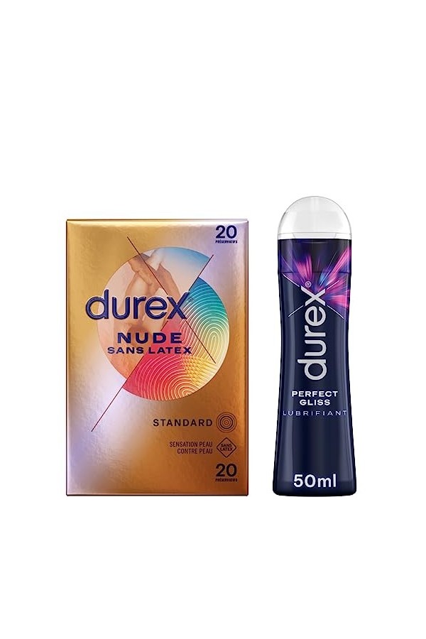 Durex CADEAU PLAISIR EN COUPLE - 1 Gel Lubrifiant Perfect Gliss Silicone 50 ml et 20 Préservatifs Nude Sans Latex