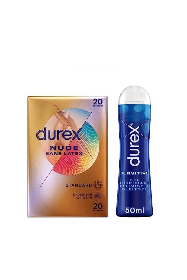 Durex - Lot de Préservatifs et Lubrifiant - 1 Boîte de Préservatifs Nude Sans Latex x20 - Gel Lubrifiant Sensitive 50 ml