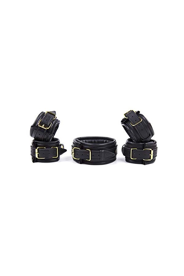 HUNTVE PU Leather 3 Piece Black Costume Accessory Set Handcuffs Footcuffs Necklace Toys