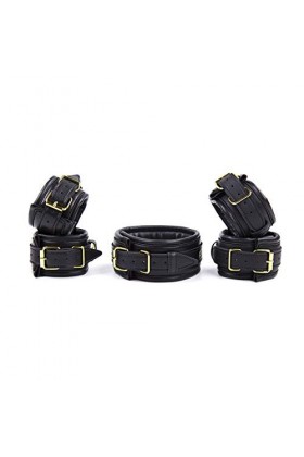 HUNTVE PU Leather 3 Piece Black Costume Accessory Set Handcuffs Footcuffs Necklace Toys