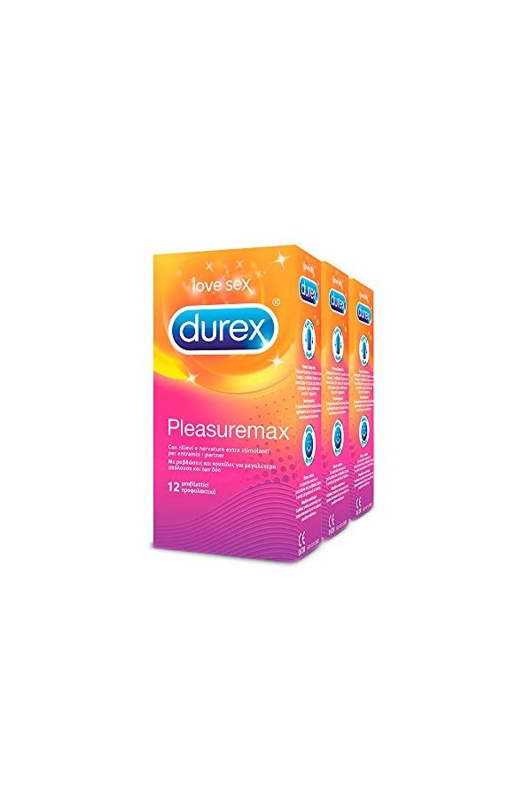 Kit 3x Préservatifs stimulants Durex Pleasuremax avec côtes, 36 préservatifs