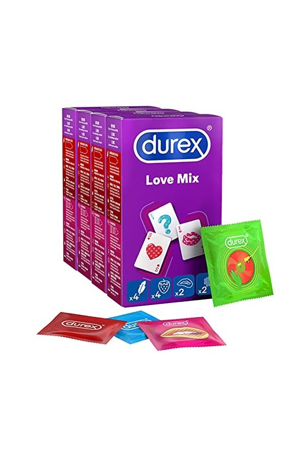 Durex Love Mix Lot de 4 paquets de 12 préservatifs variés avec 48 préservatifs pour des expériences sensuelles