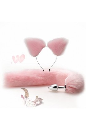 Cute Fluffy Pink Fox Tail Plug Couple Hairband Wig Cosplay 2 Piece Set