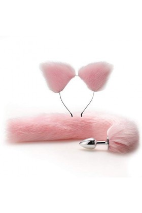 Cute Fluffy Pink Fox Tail Plug Couple Hairband Wig Cosplay 2 Piece Set