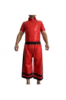 T-Shirt et short en caoutchouc pour hommes, 100% Latex naturel rouge avec garnitures noires, costume pantalon ample, gomme fa