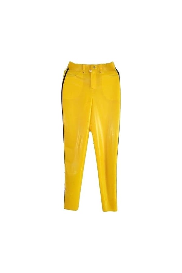 GOCTRN Pantalon en Latex 100% Caoutchouc Unisexe Jaune Et Noir, Pantalon Sexy avec Fermeture Éclair Et Poche,Couleur Personna