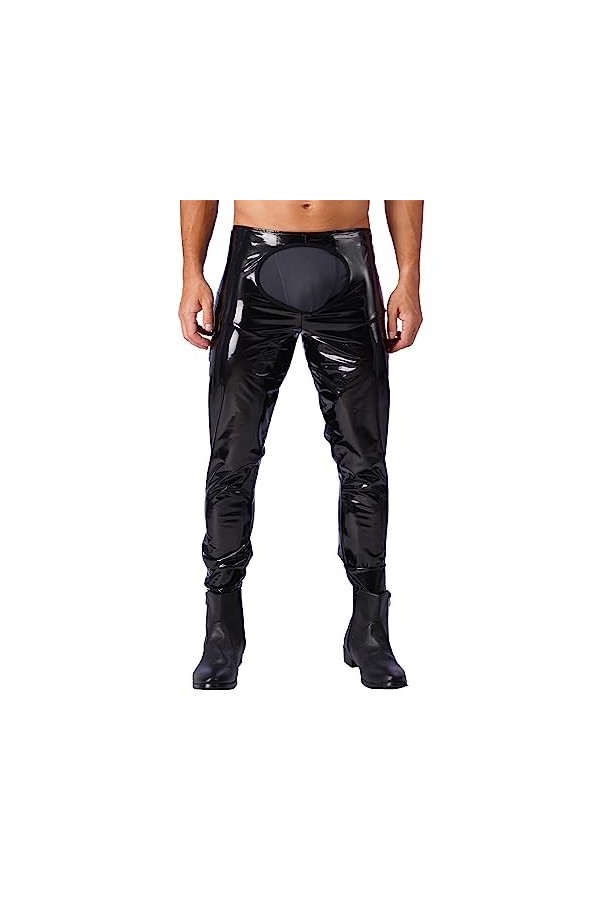 CHICTRY Homme Sissy Pantalon en Cuir Verni Wetlook Brillant Body Pantalon Ouvert Entrejambe et Fesse Vêtement de Nuit Nuisett