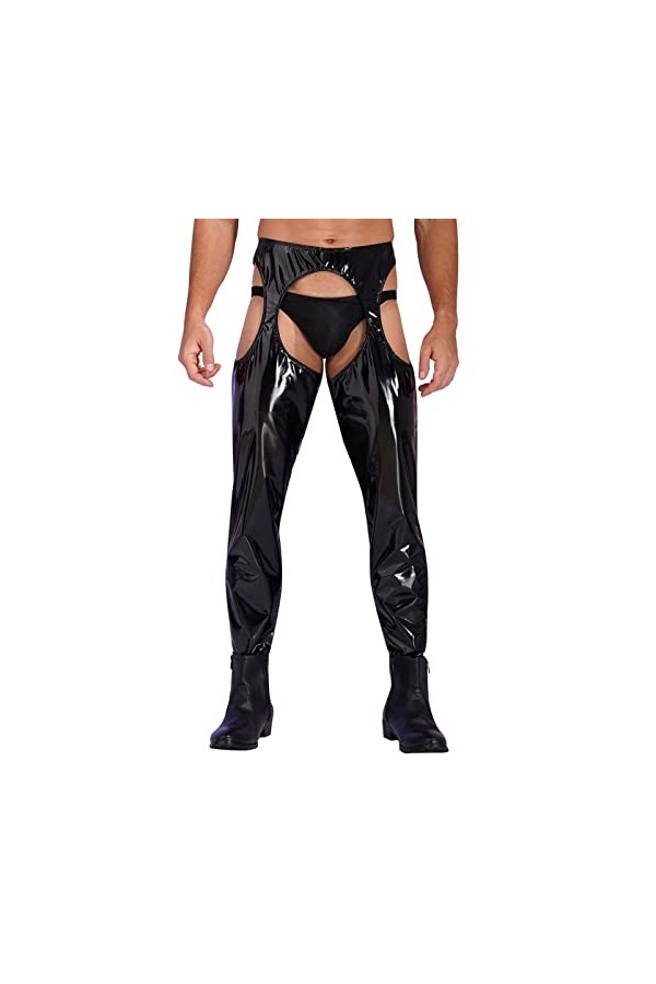 CHICTRY Homme Sissy Pantalon en Cuir Verni Wetlook Brillant Body Pantalon Ouvert Entrejambe et Fesse Vêtement de Nuit Nuisett
