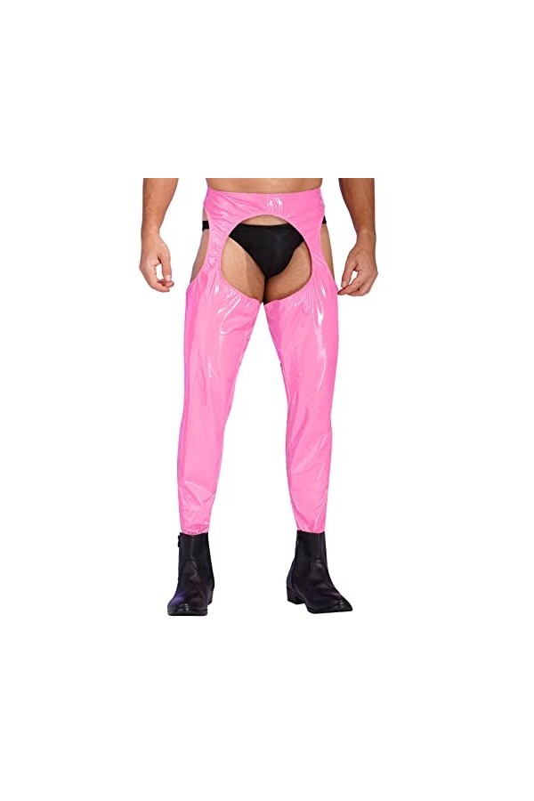 CHICTRY Homme Sissy Pantalon en Cuir Verni Wetlook Brillant Body Pantalon Ouvert Entrejambe et Fesse Vêtement de Nuit Nuisett