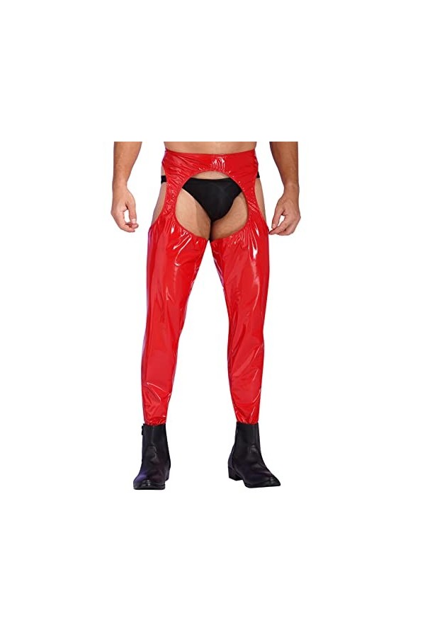 CHICTRY Homme Sissy Pantalon en Cuir Verni Wetlook Brillant Body Pantalon Ouvert Entrejambe et Fesse Vêtement de Nuit Nuisett