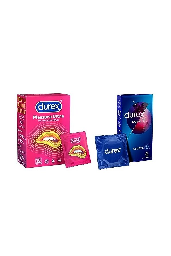 Durex - Lot de 2 Boîtes de Préservatifs - Pleasure Ultra x16 - Love x6 6 Préservatifs Love et 16 Pleasure Ultra 
