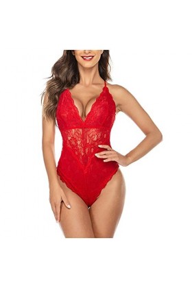 FNKDOR Lingerie Sexy pour Femmes Body et Combinaison Dos Nu en Dentelle avec Décolleté en V Sexy Teddy Lingerie Dos Nu sous-V