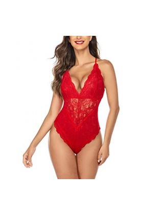 FNKDOR Lingerie Sexy pour Femmes Body et Combinaison Dos Nu en Dentelle avec Décolleté en V Sexy Teddy Lingerie Dos Nu sous-V