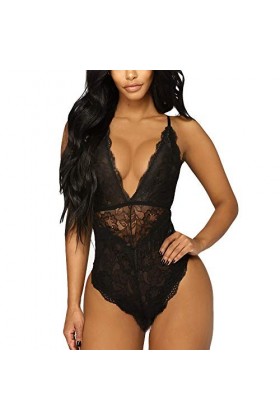 LUKALI Lingerie Sexy Femme Coquine Combinaison Dentelle Noir Tentation Transparent Bonne Flexibilité Erotique Nightwear XXXL