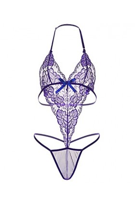 KELITCH Combinaison en Dentelle Rouge pour Femmes Lingerie Sexy col en v col Licou Nuisette Pyjama Sexy Haut Push Up Soutien-