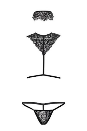Leg Avenue 81522 Body-Harnais String & Masque en Dentelle Chantilly Noir Taille Unique EUR 34-38