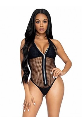 Leg Avenue 81558 Body String Résille Col Halter avec Zip à lAvant Noir Taille Unique 36-40