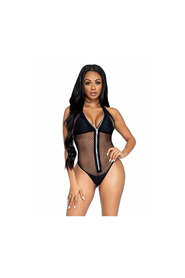 Leg Avenue 81558 Body String Résille Col Halter avec Zip à lAvant Noir Taille Unique 36-40