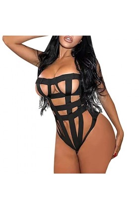 liaddkv Sexy pour femme, encolure monobloc, coupe étroite, creux, dos nu, sous-vêtements une pièce, lingerie coupée, Noir , S