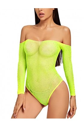 Adove Body sexy en résille avec strass étincelants pour femme, jaune fluo, Taille Unique