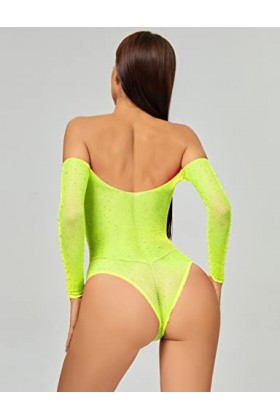 Adove Body sexy en résille avec strass étincelants pour femme, jaune fluo, Taille Unique