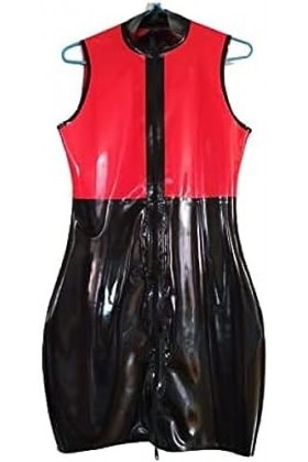 Latex Caoutchouc Femmes Noir Et Rouge Sans Manches Fermeture Éclair Drees Avec Fermeture Éclair,Noir Rouge,XL