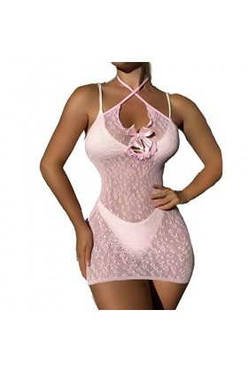 KugobarNe Lingerie sexy pour femme - Nuisette dos nu en résille - V profond - Mini robe en maille chaude - Body noir, noir, t