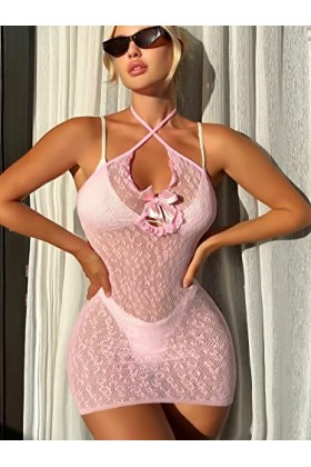 KugobarNe Lingerie sexy pour femme - Nuisette dos nu en résille - V profond - Mini robe en maille chaude - Body noir, noir, t