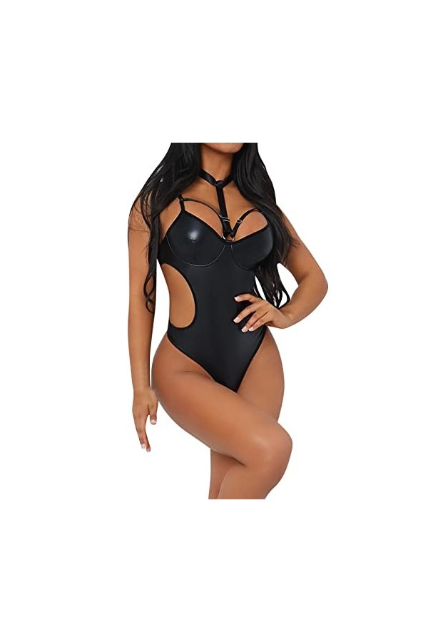 Body Sexy Femme érotique Lingerie Cuir Pu Avec Anneau De Cou Collant Femme Teddy Sous Vetement Femme Sexy érotique Combinaiso