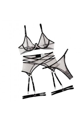 Body Longue Ensemble de Quatre pièces de Lingerie Sexy de Couleur Contrastante et de Bord pour Femme avec Anneau en Acier Bod