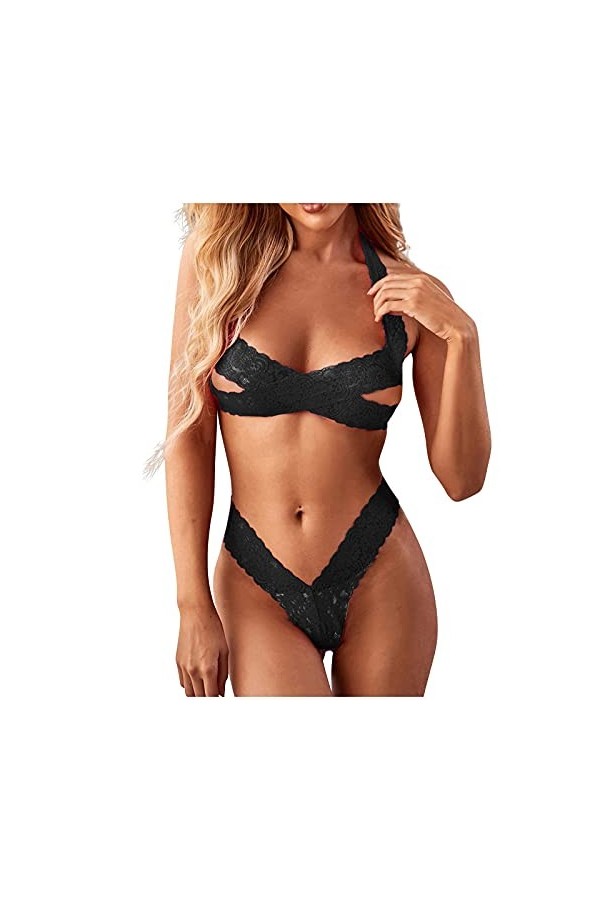 TDEOK Ensemble de lingerie sexy 2 pièces pour femme avec dos nu, Rose, XXL