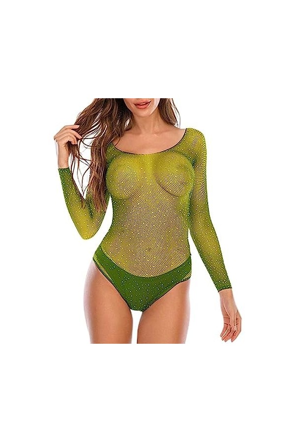 WEITING Sous-vêtements une pièce maille résille body pour femmes O cou entrejambe body Sexy Lingerie Costumes-4068-Black,XXL