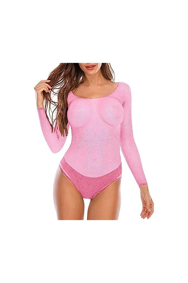 WEITING Sous-vêtements une pièce maille résille body pour femmes O cou entrejambe body Sexy Lingerie Costumes-4068-Black,XXL