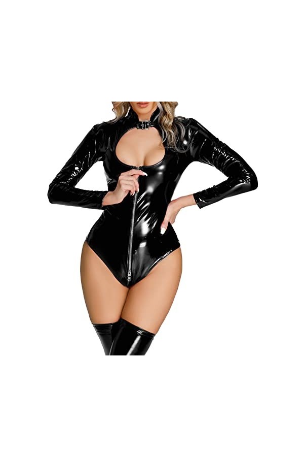 Combinaison brillante effet mouillé pour femme - Body sexy en cuir synthétique - Coupe ajustée - Moulante en PVC - Tenue de s