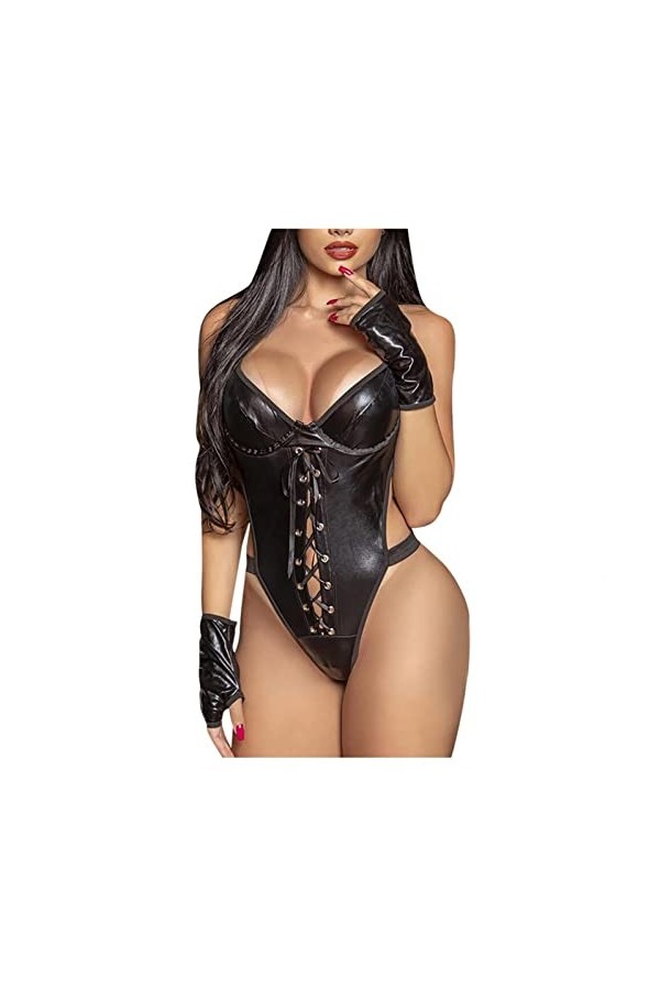 Femmes Sexy Plus La Taille Regard humide Lingerie Faux Cuir pour Sexe Coquin Body Ras Du Cou Strappy One Piece Teddy Justauco