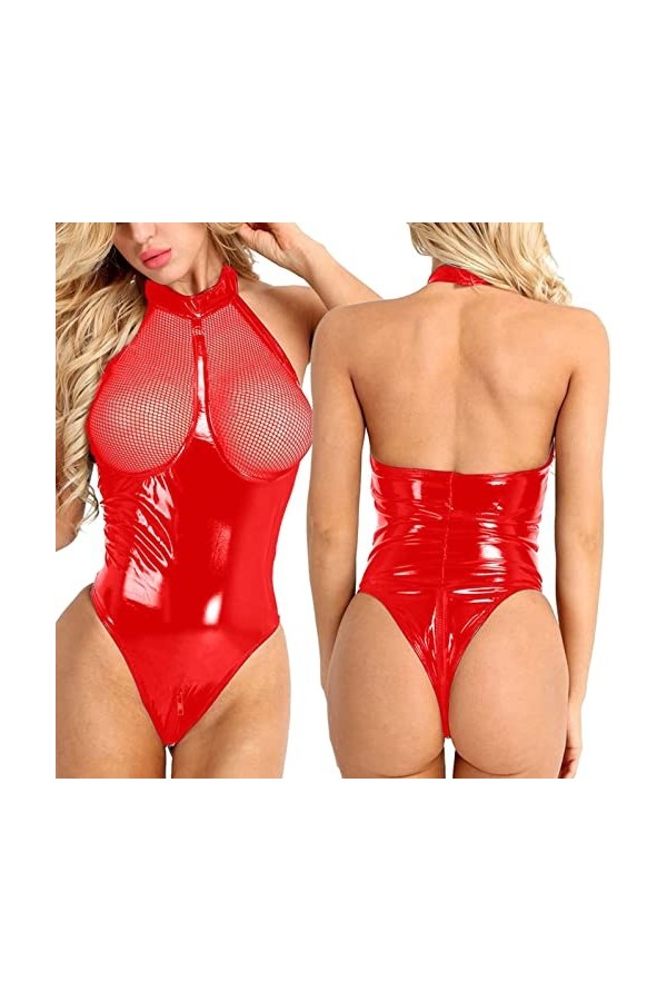 Femmes Sexy Plus La Taille Regard humide Lingerie Faux Cuir pour Sexe Coquin Body Ras Du Cou Strappy One Piece Teddy Justauco