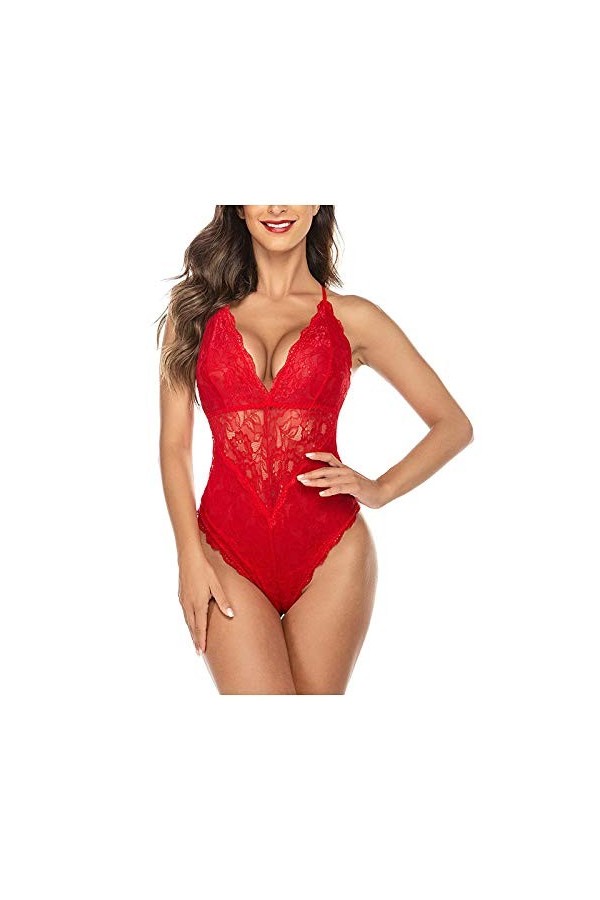 FNKDOR Lingerie Sexy pour Femmes Body et Combinaison Dos Nu en Dentelle avec Décolleté en V Sexy Teddy Lingerie Dos Nu sous-V