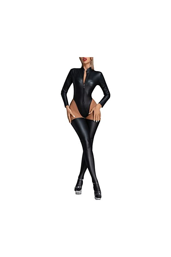 Catsuit Combinaison une pièce pour femme - Gants à manches longues - Effet mouillé - Gants brillants métallisés pour cocktail