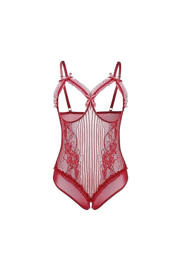 ELizoop Lingerie Sexy pour femmes jeu coquin body ajouré sexe en dentelle Teddy nuisette sous-vêtements pyjama Rouge,M 