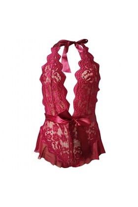 liaddkv V Femmes Deep Teddy Lace Sexy Body Lingerie Écolière Lingerie Femme, rouge, M