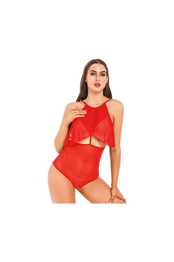 Body sans manches avec découpe pour femme - Body en maille transparente - Trou de serrure dans le dos - Combinaison pyjama - 