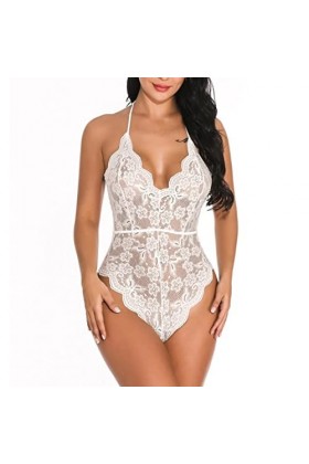 WEITING Body sexy en dentelle pour femme - Lingerie sexy dos nu - Pyjama creux transparent - Ours en peluche - Style grenouil