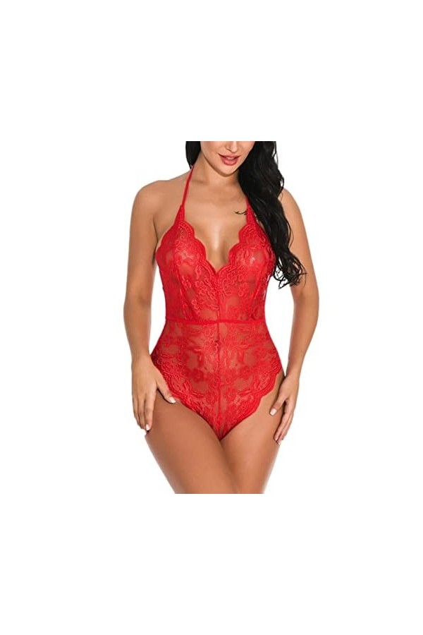 WEITING Body sexy en dentelle pour femme - Lingerie sexy dos nu - Pyjama creux transparent - Ours en peluche - Style grenouil