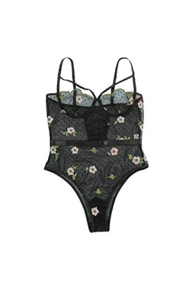 Sexy Pyjama Dentelle Sexy Broderie Teddy Bodysui Lingerie Une Pièce Transparente-Noir_S
